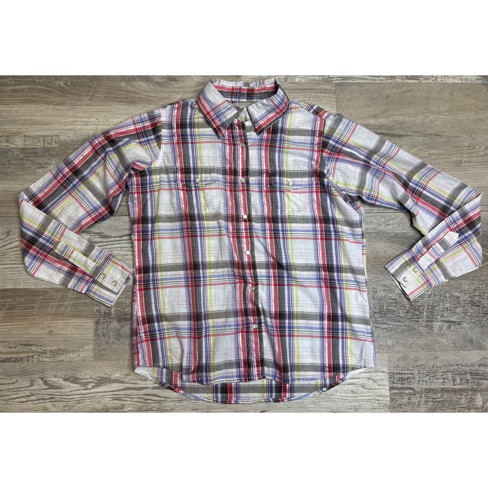 Vtg Wrancher Wrangler Western Plaid‎ Pearl Snap Dress Shirt 90's Y2K Top M
